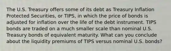 The U.S. Treasury offers some of its debt as Treasury Inflation Protected Securities, or TIPS, in which the price of bonds is adjusted for inflation over the life of the debt instrument. TIPS bonds are traded on a much smaller scale than nominal U.S. Treasury bonds of equivalent maturity. What can you conclude about the liquidity premiums of TIPS versus nominal U.S. bonds?