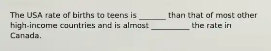 The USA rate of births to teens is _______ than that of most other high-income countries and is almost __________ the rate in Canada.