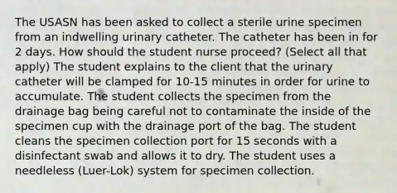 The USASN has been asked to collect a sterile urine specimen from an indwelling urinary catheter. The catheter has been in for 2 days. How should the student nurse proceed? (Select all that apply) The student explains to the client that the urinary catheter will be clamped for 10-15 minutes in order for urine to accumulate. The student collects the specimen from the drainage bag being careful not to contaminate the inside of the specimen cup with the drainage port of the bag. The student cleans the specimen collection port for 15 seconds with a disinfectant swab and allows it to dry. The student uses a needleless (Luer-Lok) system for specimen collection.