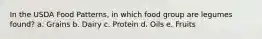 In the USDA Food Patterns, in which food group are legumes found? a. Grains b. Dairy c. Protein d. Oils e. Fruits