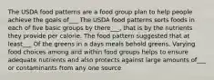 The USDA food patterns are a food group plan to help people achieve the goals of___ The USDA food patterns sorts foods in each of five basic groups by there___, that is by the nutrients they provide per calorie. The food pattern suggested that at least___ Of the greens in a days meals behold greens. Varying food choices among and within food groups helps to ensure adequate nutrients and also protects against large amounts of___ or contaminants from any one source