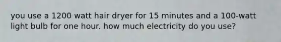you use a 1200 watt hair dryer for 15 minutes and a 100-watt light bulb for one hour. how much electricity do you use?