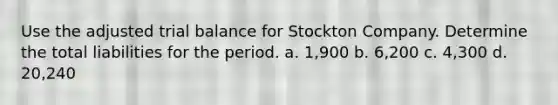 Use the adjusted trial balance for Stockton Company. Determine the total liabilities for the period. a. 1,900 b. 6,200 c. 4,300 d. 20,240