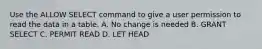 Use the ALLOW SELECT command to give a user permission to read the data in a table. A. No change is needed B. GRANT SELECT C. PERMIT READ D. LET HEAD