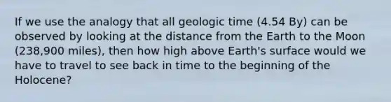 If we use the analogy that all geologic time (4.54 By) can be observed by looking at the distance from the Earth to the Moon (238,900 miles), then how high above Earth's surface would we have to travel to see back in time to the beginning of the Holocene?