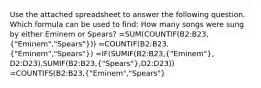 Use the attached spreadsheet to answer the following question. Which formula can be used to find: How many songs were sung by either Eminem or Spears? =SUM(COUNTIF(B2:B23,("Eminem","Spears"))) =COUNTIF(B2:B23,("Eminem","Spears")) =IF(SUMIF(B2:B23,("Eminem"), D2:D23),SUMIF(B2:B23,("Spears"),D2:D23)) =COUNTIFS(B2:B23,("Eminem","Spears")