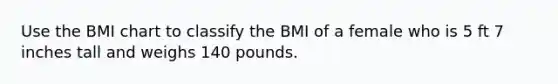 Use the BMI chart to classify the BMI of a female who is 5 ft 7 inches tall and weighs 140 pounds.