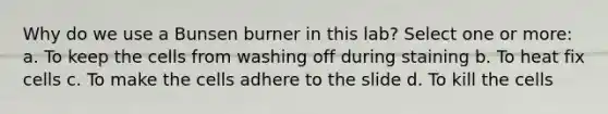 Why do we use a Bunsen burner in this lab? Select one or more: a. To keep the cells from washing off during staining b. To heat fix cells c. To make the cells adhere to the slide d. To kill the cells