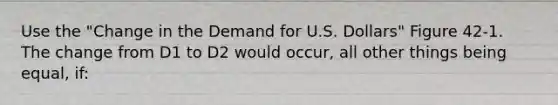 Use the "Change in the Demand for U.S. Dollars" Figure 42-1. The change from D1 to D2 would occur, all other things being equal, if: