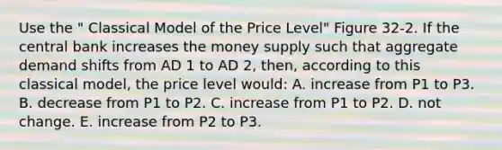 Use the " Classical Model of the Price Level" Figure 32-2. If the central bank increases the money supply such that aggregate demand shifts from AD 1 to AD 2, then, according to this classical model, the price level would: A. increase from P1 to P3. B. decrease from P1 to P2. C. increase from P1 to P2. D. not change. E. increase from P2 to P3.