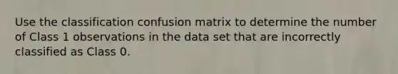 Use the classification confusion matrix to determine the number of Class 1 observations in the data set that are incorrectly classified as Class 0.