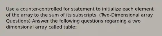 Use a counter-controlled for statement to initialize each element of the array to the sum of its subscripts. (Two-Dimensional array Questions) Answer the following questions regarding a two dimensional array called table: