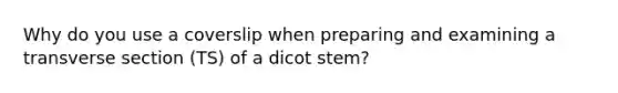 Why do you use a coverslip when preparing and examining a transverse section (TS) of a dicot stem?