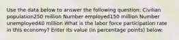 Use the data below to answer the following question: Civilian population250 million Number employed150 million Number unemployed40 million What is the labor force participation rate in this economy? Enter its value (in percentage points) below: