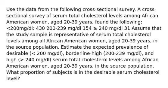 Use the data from the following cross-sectional survey. A cross-sectional survey of serum total cholesterol levels among African American women, aged 20-39 years, found the following: 240 mg/dl) serum total cholesterol levels among African American women, aged 20-39 years, in the source population. What proportion of subjects is in the desirable serum cholesterol level?