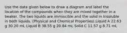 Use the data given below to draw a diagram and label the location of the compounds when they are mixed together in a beaker. The two liquids are immiscible and the solid in insoluble in both liquids. (Physical and Chemical Properties) Liquid A 22.63 g 30.20 mL Liquid B 38.55 g 20.84 mL Solid C 11.57 g 8.71 mL