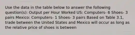 Use the data in the table below to answer the following question(s): Output per Hour Worked US: Computers- 6 Shoes- 3 pairs Mexico: Computers- 1 Shoes- 3 pairs Based on Table 3.1, trade between the United States and Mexico will occur as long as the relative price of shoes is between