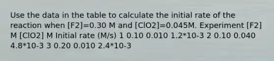 Use the data in the table to calculate the initial rate of the reaction when [F2]=0.30 M and [ClO2]=0.045M. Experiment [F2] M [ClO2] M Initial rate (M/s) 1 0.10 0.010 1.2*10-3 2 0.10 0.040 4.8*10-3 3 0.20 0.010 2.4*10-3