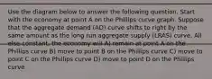 Use the diagram below to answer the following question. Start with the economy at point A on the Phillips curve graph. Suppose that the aggregate demand (AD) curve shifts to right by the same amount as the long run aggregate supply (LRAS) curve. All else constant, the economy will A) remain at point A on the Phillips curve B) move to point B on the Phillips curve C) move to point C on the Phillips curve D) move to point D on the Phillips curve