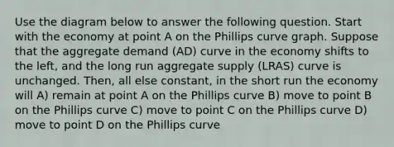 Use the diagram below to answer the following question. Start with the economy at point A on the Phillips curve graph. Suppose that the aggregate demand (AD) curve in the economy shifts to the left, and the long run aggregate supply (LRAS) curve is unchanged. Then, all else constant, in the short run the economy will A) remain at point A on the Phillips curve B) move to point B on the Phillips curve C) move to point C on the Phillips curve D) move to point D on the Phillips curve