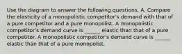 Use the diagram to answer the following questions. A. Compare the elasticity of a monopolistic competitor's demand with that of a pure competitor and a pure monopolist. A monopolistic competitor's demand curve is ______ elastic than that of a pure competitor. A monopolistic competitor's demand curve is ______ elastic than that of a pure monopolist.