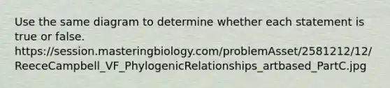 Use the same diagram to determine whether each statement is true or false. https://session.masteringbiology.com/problemAsset/2581212/12/ReeceCampbell_VF_PhylogenicRelationships_artbased_PartC.jpg