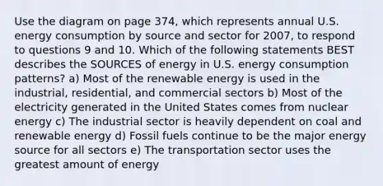 Use the diagram on page 374, which represents annual U.S. energy consumption by source and sector for 2007, to respond to questions 9 and 10. Which of the following statements BEST describes the SOURCES of energy in U.S. energy consumption patterns? a) Most of the renewable energy is used in the industrial, residential, and commercial sectors b) Most of the electricity generated in the United States comes from nuclear energy c) The industrial sector is heavily dependent on coal and renewable energy d) Fossil fuels continue to be the major energy source for all sectors e) The transportation sector uses the greatest amount of energy