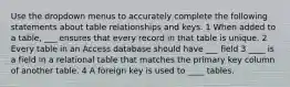 Use the dropdown menus to accurately complete the following statements about table relationships and keys. 1 When added to a table, ___ ensures that every record in that table is unique. 2 Every table in an Access database should have ___ field 3 ____ is a field in a relational table that matches the primary key column of another table. 4 A foreign key is used to ____ tables.