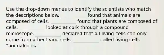 Use the drop-down menus to identify the scientists who match the descriptions below. ___________ found that animals are composed of cells. ___________ found that plants are composed of cells. ___________ looked at cork through a compound microscope. ___________ declared that all living cells can only come from other living cells. ___________ called living cells "animalcules."