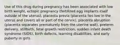 Use of this drug during pregnancy has been associated with low birth weight, ectopic pregnancy (fertilized egg implants itself outside of the uterus), placenta previa (placenta lies low in the uterus and covers all or part of the cervix), placenta abruption (placenta separates prematurely from the uterine wall), preterm delivery, stillbirth, fetal growth restriction, sudden infant death syndrome (SIDS), birth defects, learning disabilities, and early puberty in girls.