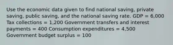 Use the economic data given to find national saving, private saving, public saving, and the national saving rate. GDP = 6,000 Tax collections = 1,200 Government transfers and interest payments = 400 Consumption expenditures = 4,500 Government budget surplus = 100