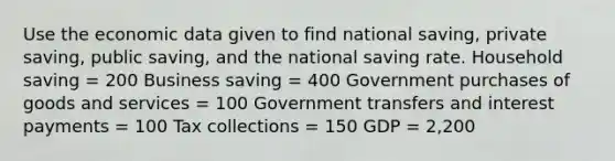 Use the economic data given to find national saving, private saving, public saving, and the national saving rate. Household saving = 200 Business saving = 400 Government purchases of goods and services = 100 Government transfers and interest payments = 100 Tax collections = 150 GDP = 2,200