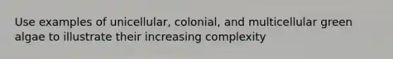 Use examples of unicellular, colonial, and multicellular green algae to illustrate their increasing complexity