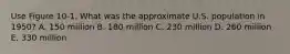 Use Figure 10-1. What was the approximate U.S. population in 1950? A. 150 million B. 180 million C. 230 million D. 260 million E. 330 million