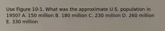 Use Figure 10-1. What was the approximate U.S. population in 1950? A. 150 million B. 180 million C. 230 million D. 260 million E. 330 million