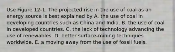 Use Figure 12-1. The projected rise in the use of coal as an energy source is best explained by A. the use of coal in developing countries such as China and India. B. the use of coal in developed countries. C. the lack of technology advancing the use of renewables. D. better surface-mining techniques worldwide. E. a moving away from the use of fossil fuels.