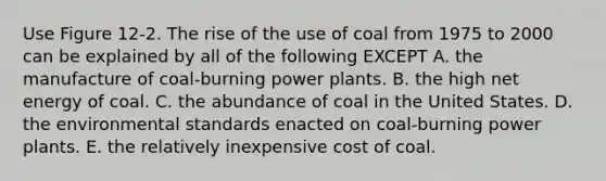 Use Figure 12-2. The rise of the use of coal from 1975 to 2000 can be explained by all of the following EXCEPT A. the manufacture of coal-burning power plants. B. the high net energy of coal. C. the abundance of coal in the United States. D. the environmental standards enacted on coal-burning power plants. E. the relatively inexpensive cost of coal.