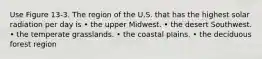 Use Figure 13-3. The region of the U.S. that has the highest solar radiation per day is • the upper Midwest. • the desert Southwest. • the temperate grasslands. • the coastal plains. • the deciduous forest region