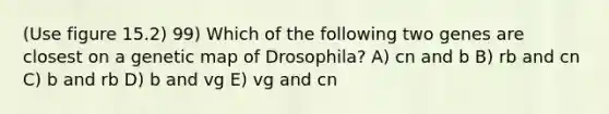 (Use figure 15.2) 99) Which of the following two genes are closest on a genetic map of Drosophila? A) cn and b B) rb and cn C) b and rb D) b and vg E) vg and cn