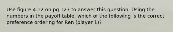 Use figure 4.12 on pg 127 to answer this question. Using the numbers in the payoff table, which of the following is the correct preference ordering for Ren (player 1)?