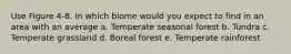 Use Figure 4-8. In which biome would you expect to find in an area with an average a. Temperate seasonal forest b. Tundra c. Temperate grassland d. Boreal forest e. Temperate rainforest