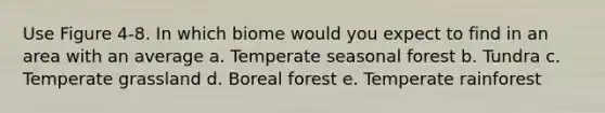 Use Figure 4-8. In which biome would you expect to find in an area with an average a. Temperate seasonal forest b. Tundra c. Temperate grassland d. Boreal forest e. Temperate rainforest