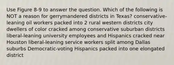 Use Figure 8-9 to answer the question. Which of the following is NOT a reason for gerrymandered districts in Texas? conservative-leaning oil workers packed into 2 rural western districts city dwellers of color cracked among conservative suburban districts liberal-leaning university employees and Hispanics cracked near Houston liberal-leaning service workers split among Dallas suburbs Democratic-voting Hispanics packed into one elongated district