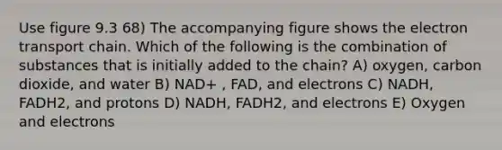 Use figure 9.3 68) The accompanying figure shows the electron transport chain. Which of the following is the combination of substances that is initially added to the chain? A) oxygen, carbon dioxide, and water B) NAD+ , FAD, and electrons C) NADH, FADH2, and protons D) NADH, FADH2, and electrons E) Oxygen and electrons