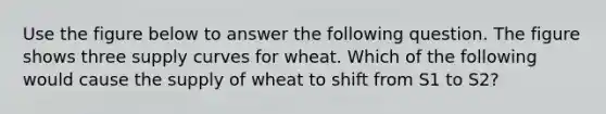 Use the figure below to answer the following question. The figure shows three supply curves for wheat. Which of the following would cause the supply of wheat to shift from S1 to S2?