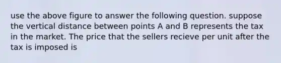 use the above figure to answer the following question. suppose the vertical distance between points A and B represents the tax in the market. The price that the sellers recieve per unit after the tax is imposed is