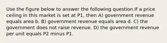 Use the figure below to answer the following question.If a price ceiling in this market is set at P1, then A) government revenue equals area b. B) government revenue equals area d. C) the government does not raise revenue. D) the government revenue per unit equals P2 minus P1.