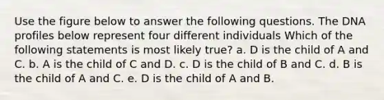 Use the figure below to answer the following questions. The DNA profiles below represent four different individuals Which of the following statements is most likely true? a. D is the child of A and C. b. A is the child of C and D. c. D is the child of B and C. d. B is the child of A and C. e. D is the child of A and B.