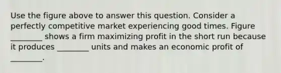 Use the figure above to answer this question. Consider a perfectly competitive market experiencing good times. Figure ________ shows a firm maximizing profit in the short run because it produces ________ units and makes an economic profit of ________.