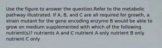 Use the figure to answer the question.Refer to the metabolic pathway illustrated. If A, B, and C are all required for growth, a strain mutant for the gene encoding enzyme B would be able to grow on medium supplemented with which of the following nutrient(s)? nutrients A and C nutrient A only nutrient B only nutrient C only